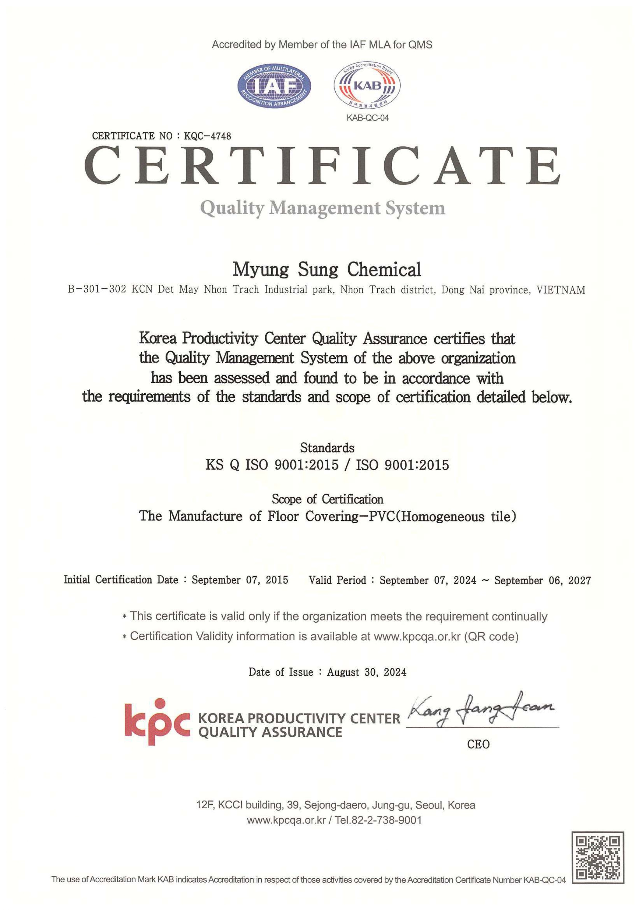 Myung Sung Chemical, ISO 9001