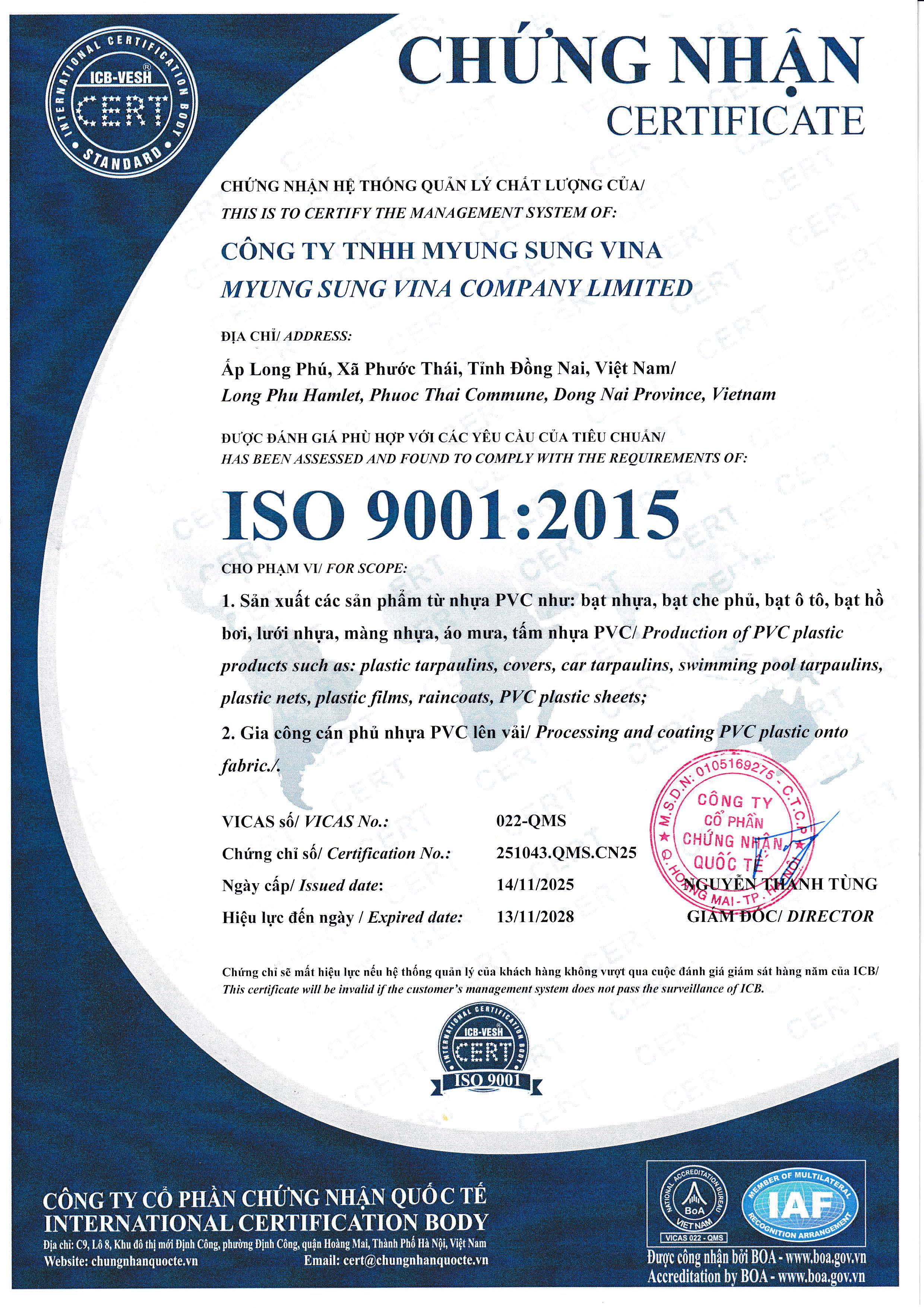 Myung Sung Vina ISO 9001 (2025 Updated)